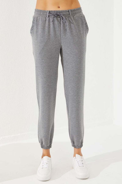 Grey Melange Drawstring Pocket Comfort Fit Elastic Cuff Women's Tracksuit Bottom - 94580