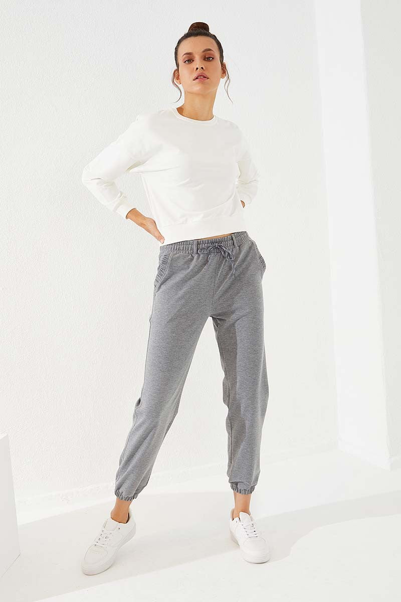 Grey Melange Drawstring Pocket Comfort Fit Elastic Cuff Women's Tracksuit Bottom - 94580
