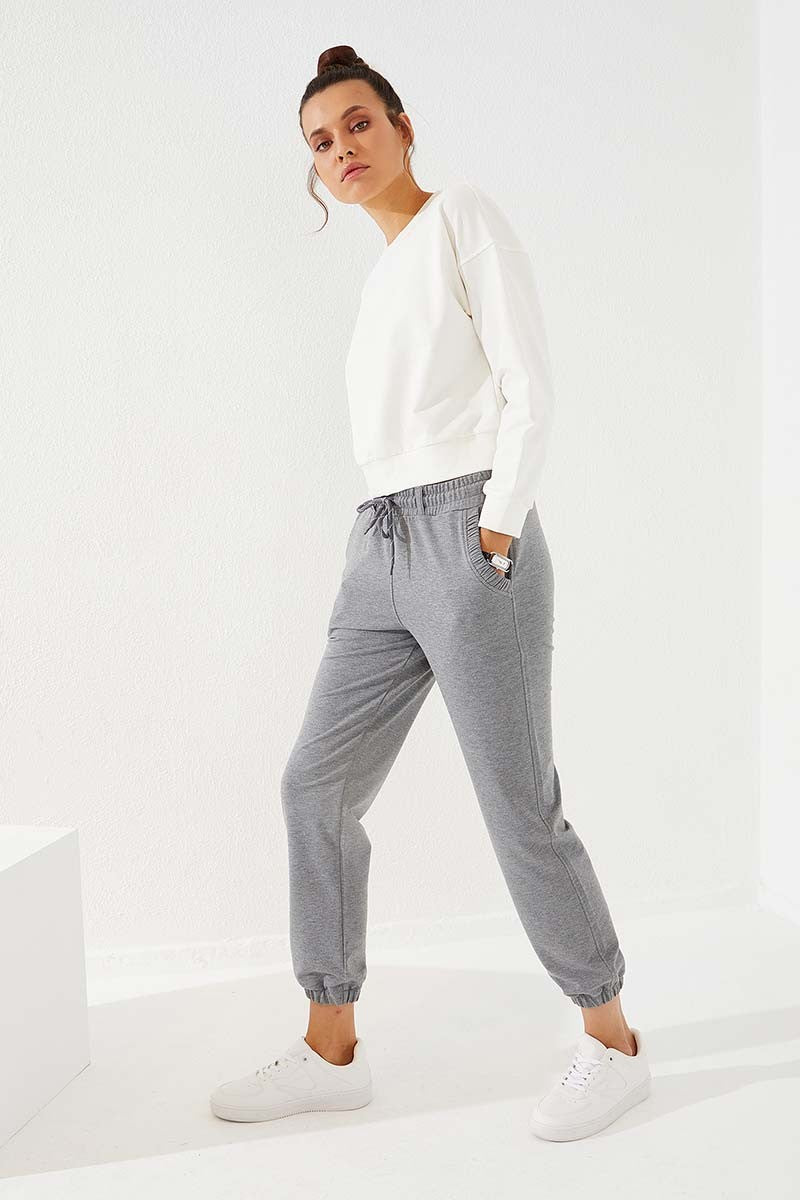 Grey Melange Drawstring Pocket Comfort Fit Elastic Cuff Women's Tracksuit Bottom - 94580