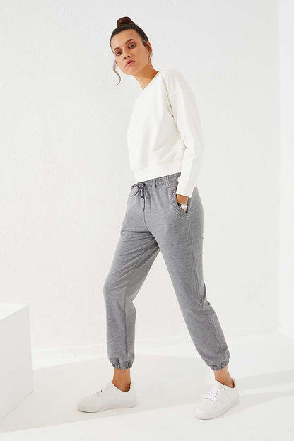 Grey Melange Drawstring Pocket Comfort Fit Elastic Cuff Women's Tracksuit Bottom - 94580