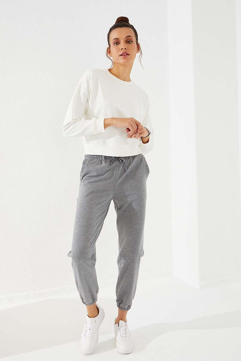 Grey Melange Drawstring Pocket Comfort Fit Elastic Cuff Women's Tracksuit Bottom - 94580