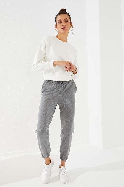 Grey Melange Drawstring Pocket Comfort Fit Elastic Cuff Women's Tracksuit Bottom - 94580