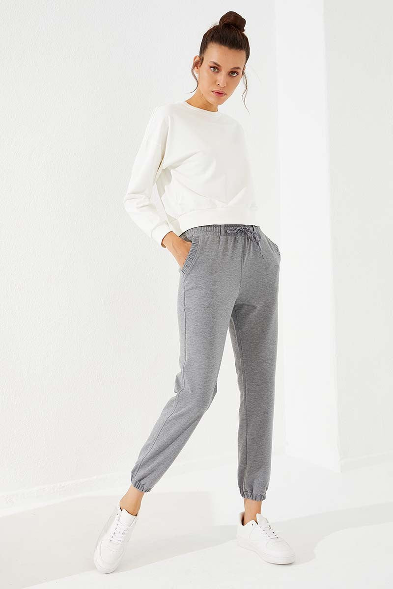 Grey Melange Drawstring Pocket Comfort Fit Elastic Cuff Women's Tracksuit Bottom - 94580