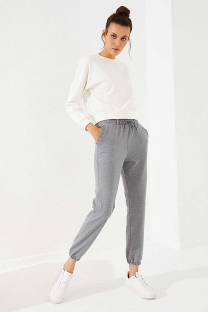 Grey Melange Drawstring Pocket Comfort Fit Elastic Cuff Women's Tracksuit Bottom - 94580