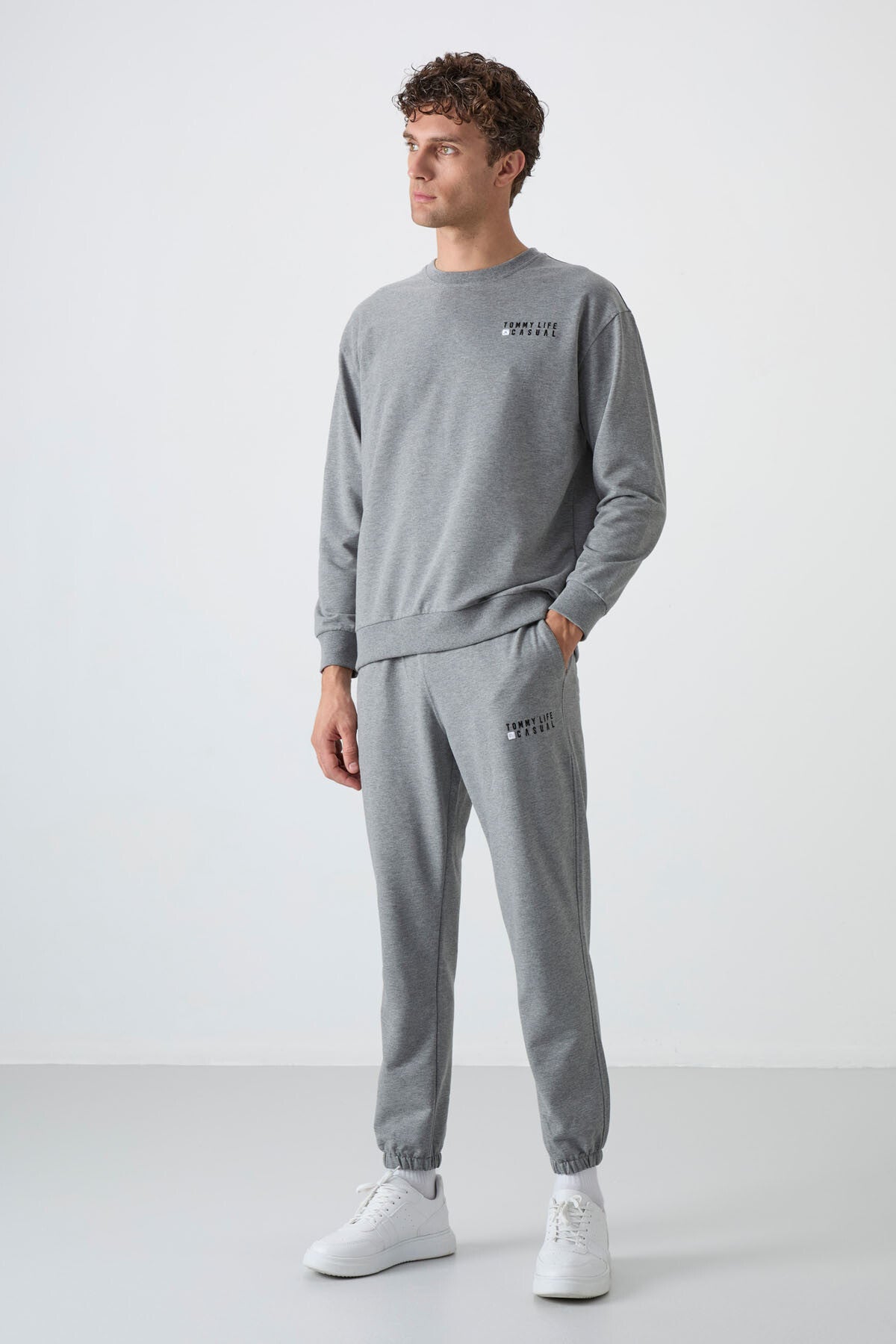 Casual Round Neck Elastic Cuff Cotton Men's Oversize Tracksuit Set - 85120