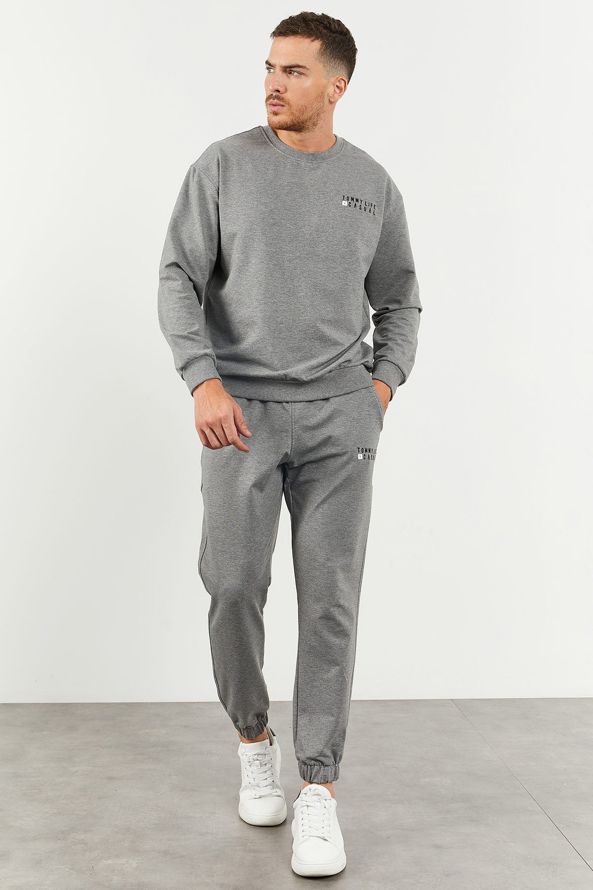 Casual Round Neck Elastic Cuff Cotton Men's Oversize Tracksuit Set - 85120
