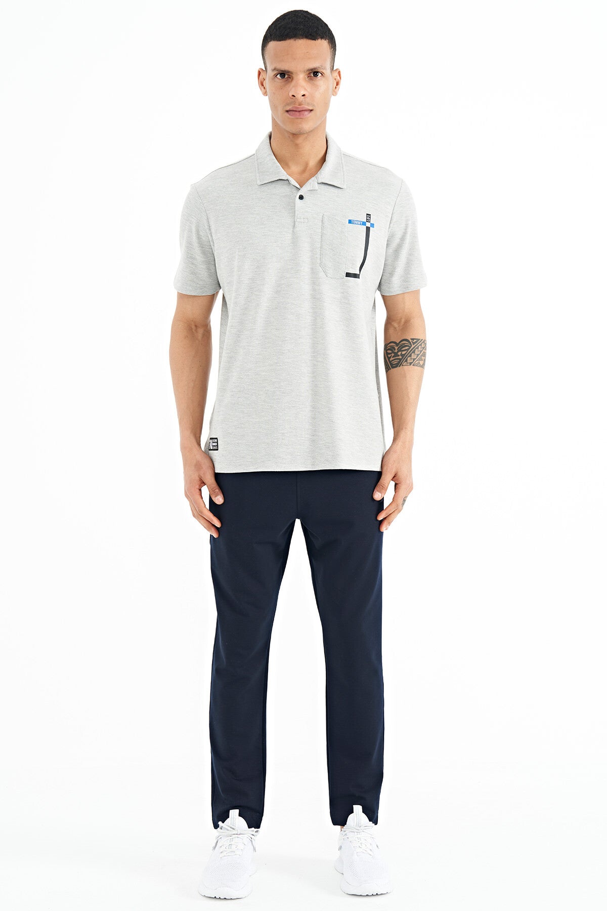 Grey Melange Detailed Printed Standard Fit Polo Collar Men's T-Shirt - 88241