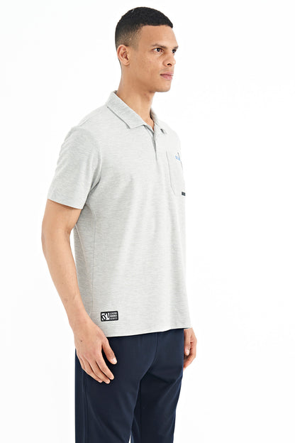 Grey Melange Detailed Printed Standard Fit Polo Collar Men's T-Shirt - 88241