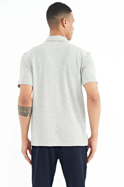 Grey Melange Detailed Printed Standard Fit Polo Collar Men's T-Shirt - 88241