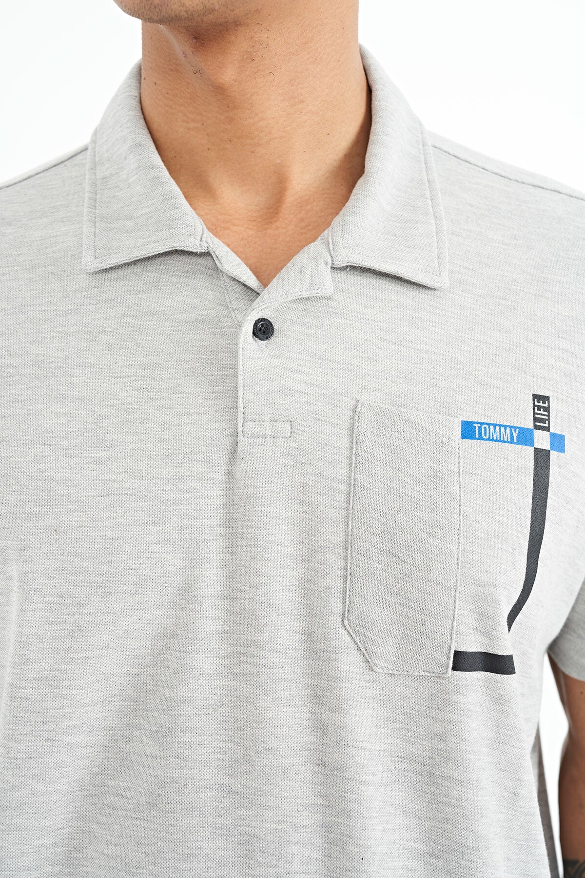 Grey Melange Detailed Printed Standard Fit Polo Collar Men's T-Shirt - 88241