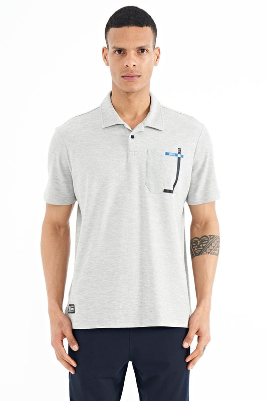 Grey Melange Detailed Printed Standard Fit Polo Collar Men's T-Shirt - 88241