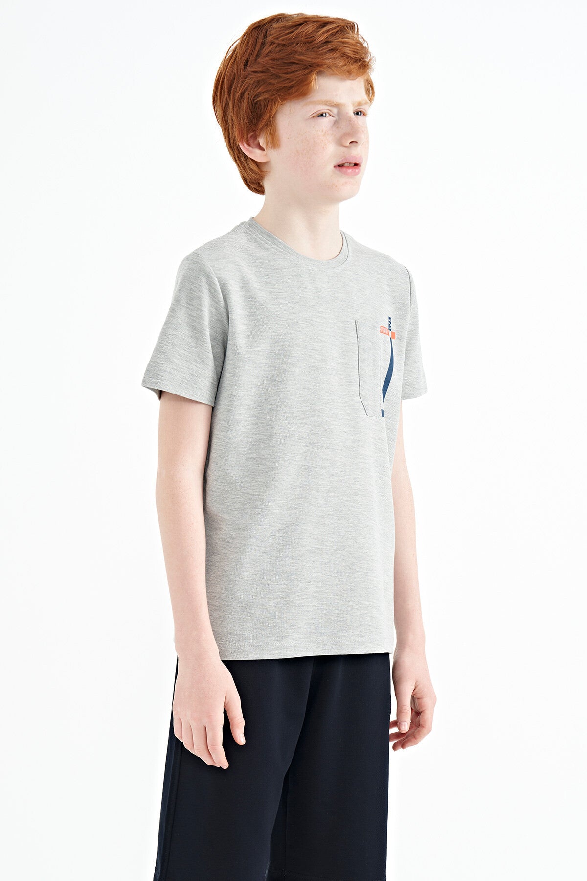 Grey Melange Neck Detailed O Collar Standard Fit Boys' T-Shirt - 11120