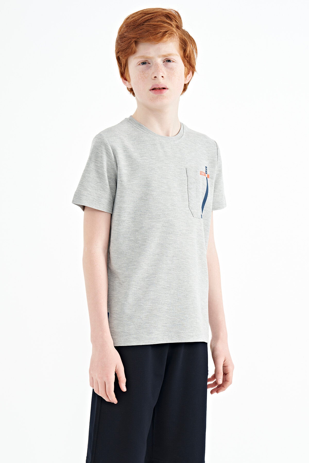 Grey Melange Neck Detailed O Collar Standard Fit Boys' T-Shirt - 11120
