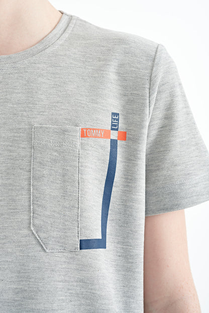 Grey Melange Neck Detailed O Collar Standard Fit Boys' T-Shirt - 11120
