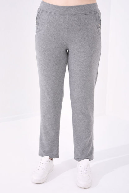 Gray Melange Classic Fit Comfortable Women's Plus Size Tracksuit Bottom - 94014