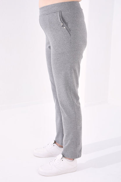 Gray Melange Classic Fit Comfortable Women's Plus Size Tracksuit Bottom - 94014