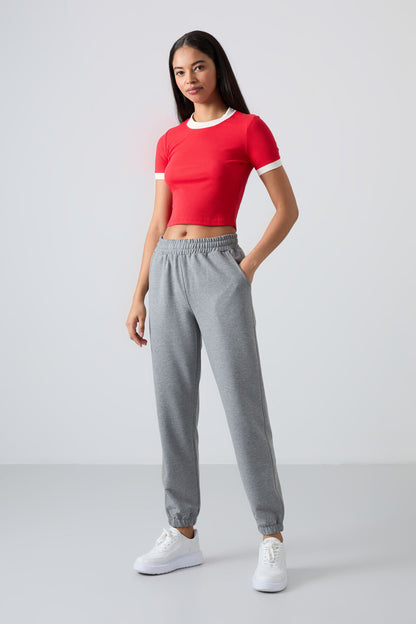 Gray Melange High Waist Comfort Fit Ribbed Hem Women's Tracksuit Bottom - 94583
