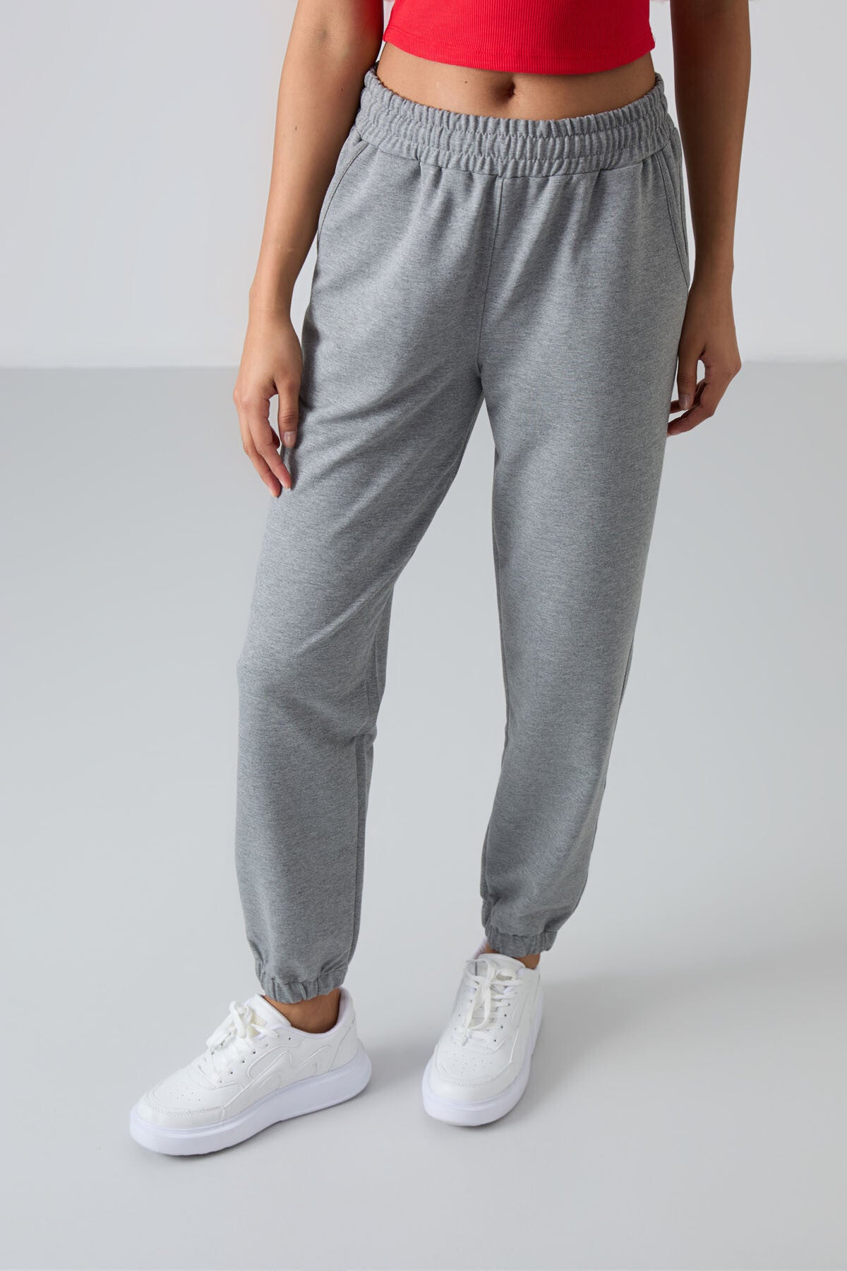 Gray Melange High Waist Comfort Fit Ribbed Hem Women's Tracksuit Bottom - 94583