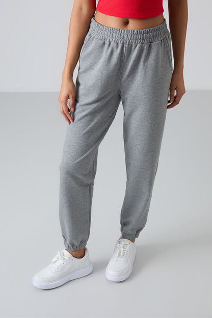 Gray Melange High Waist Comfort Fit Ribbed Hem Women's Tracksuit Bottom - 94583