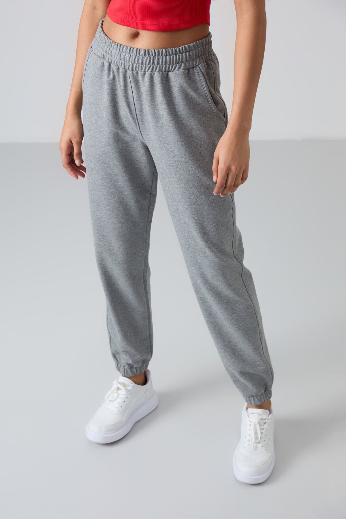 Gray Melange High Waist Comfort Fit Ribbed Hem Women's Tracksuit Bottom - 94583