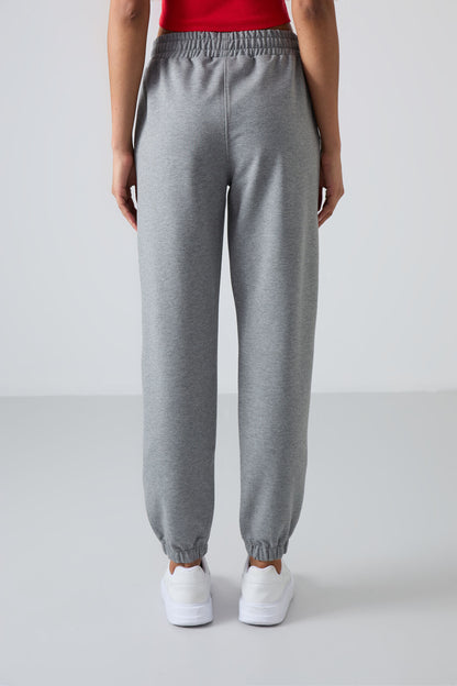Gray Melange High Waist Comfort Fit Ribbed Hem Women's Tracksuit Bottom - 94583