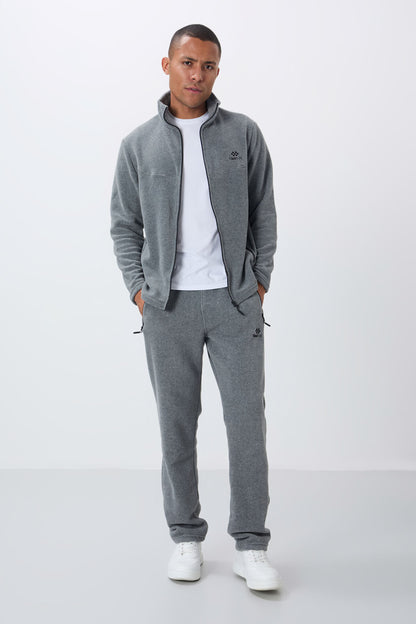 Grey Melange High Collar Basic Zippered Standard Fit Men's Polar Tracksuit Set - 85193