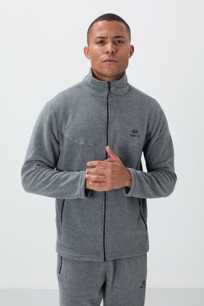 Grey Melange High Collar Basic Zippered Standard Fit Men's Polar Tracksuit Set - 85193