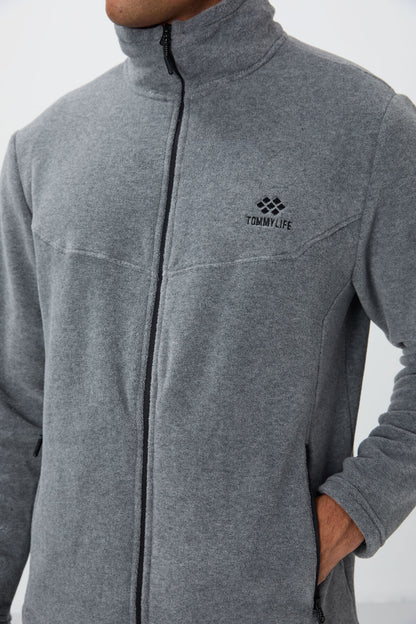 Grey Melange High Collar Basic Zippered Standard Fit Men's Polar Tracksuit Set - 85193