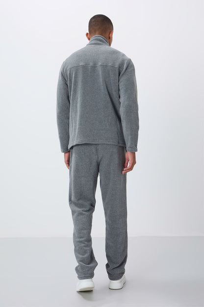 Grey Melange High Collar Basic Zippered Standard Fit Men's Polar Tracksuit Set - 85193
