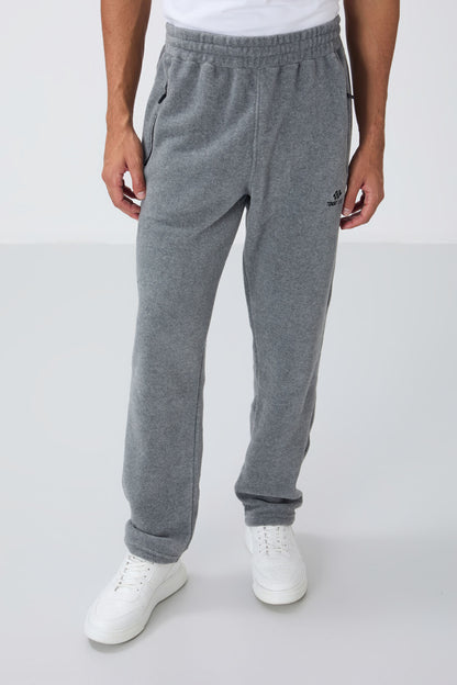 Grey Melange High Collar Basic Zippered Standard Fit Men's Polar Tracksuit Set - 85193