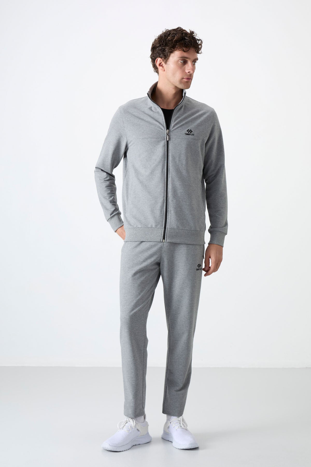Grey Melange High Collar Zippered Comfort Fit Classic Cuff Men's Tracksuit Set - 85072