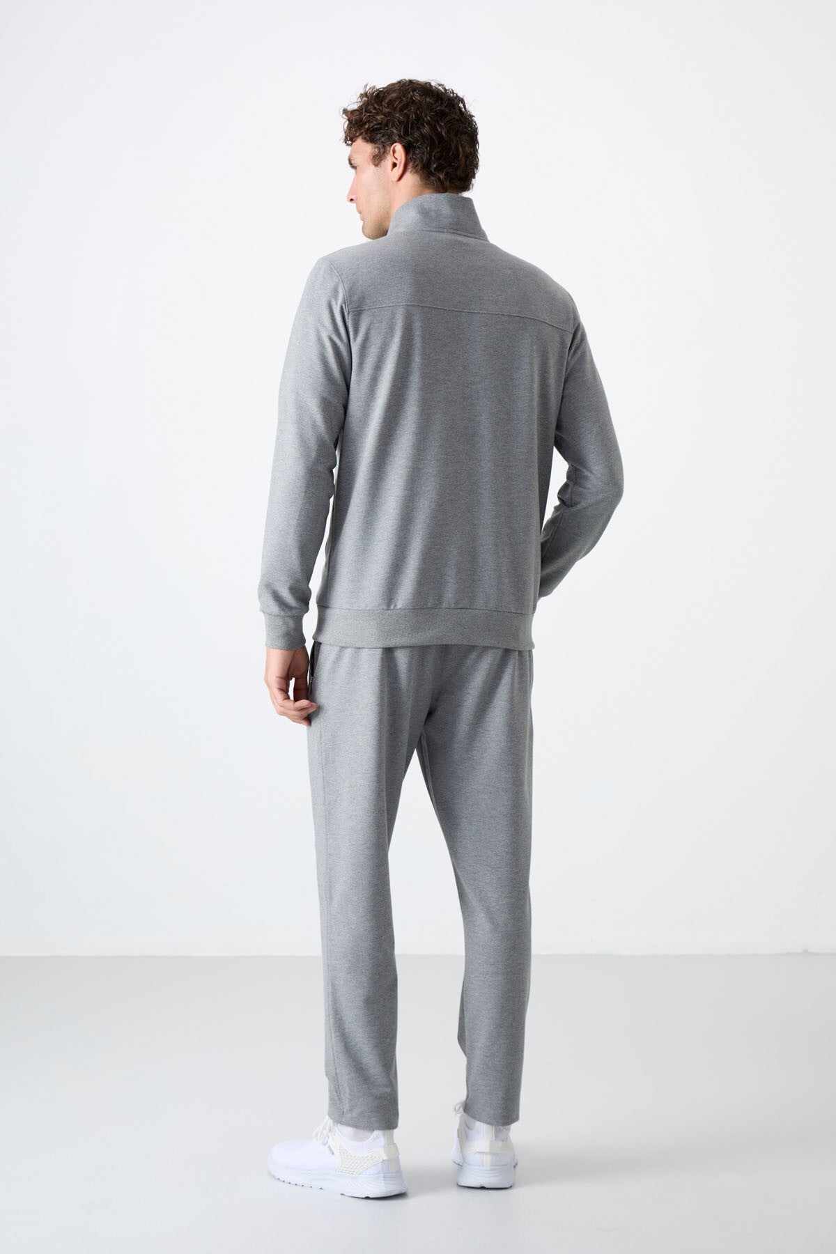 Grey Melange High Collar Zippered Comfort Fit Classic Cuff Men's Tracksuit Set - 85072