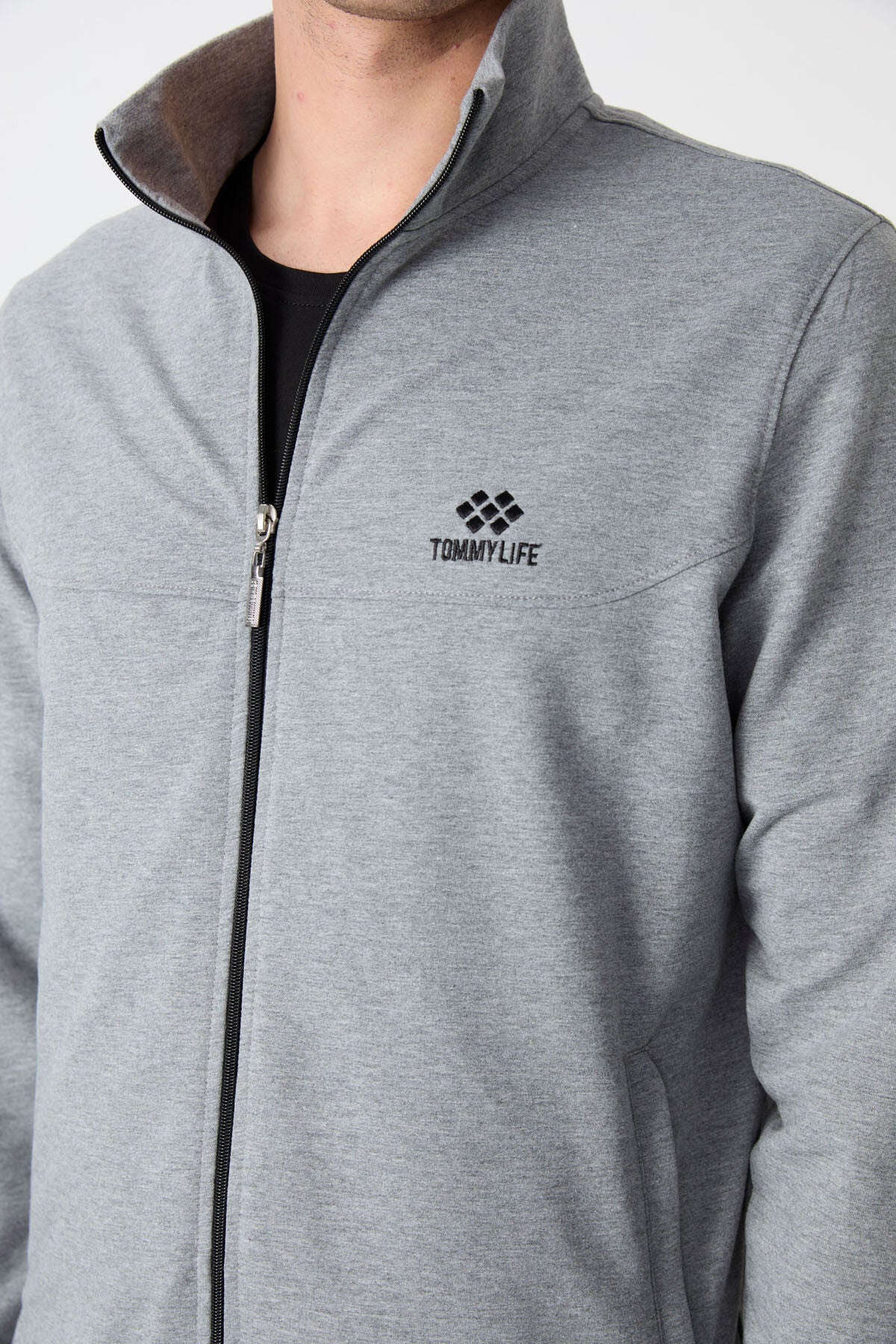 Grey Melange High Collar Zippered Comfort Fit Classic Cuff Men's Tracksuit Set - 85072