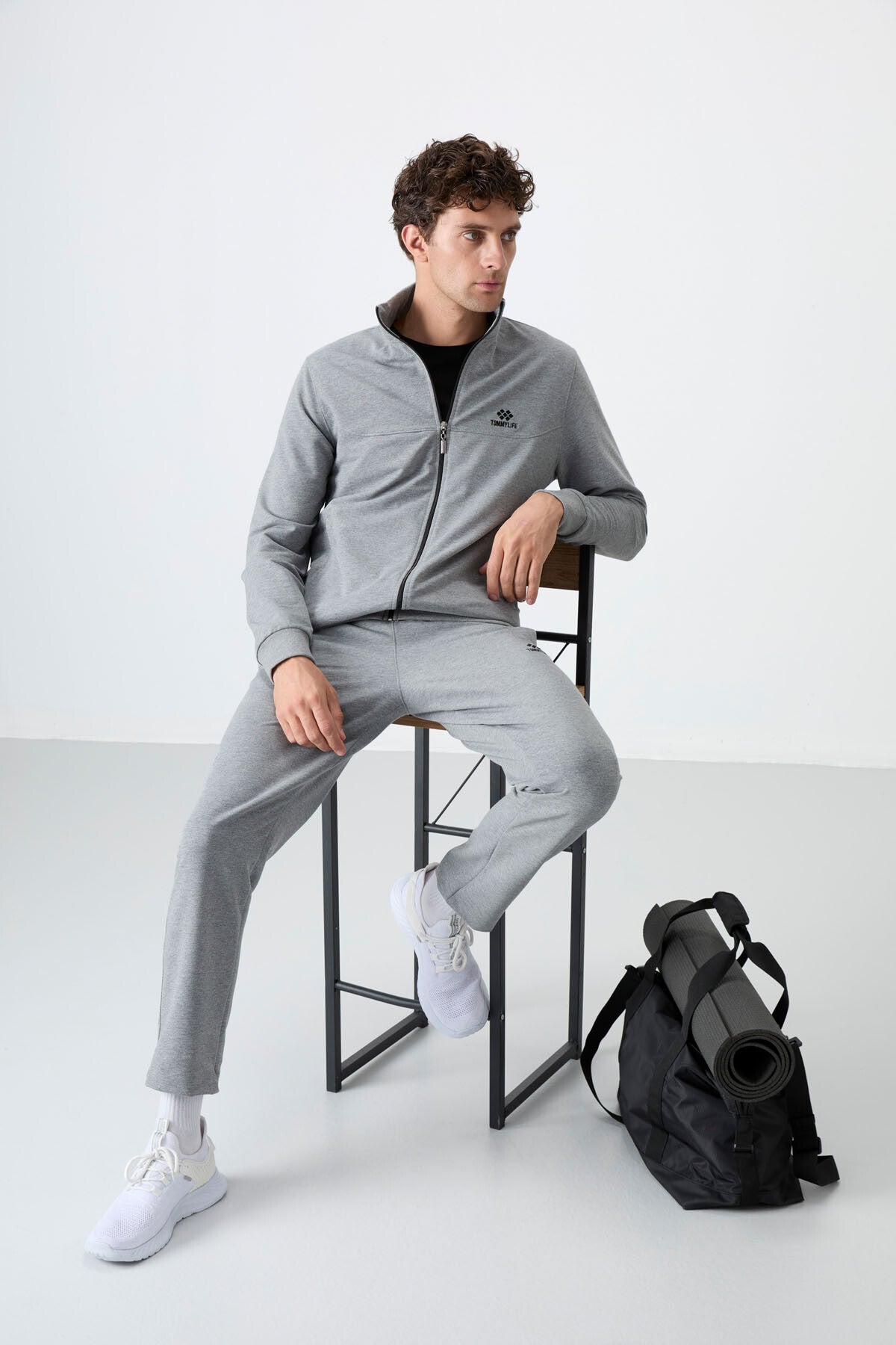 Grey Melange High Collar Zippered Comfort Fit Classic Cuff Men's Tracksuit Set - 85072