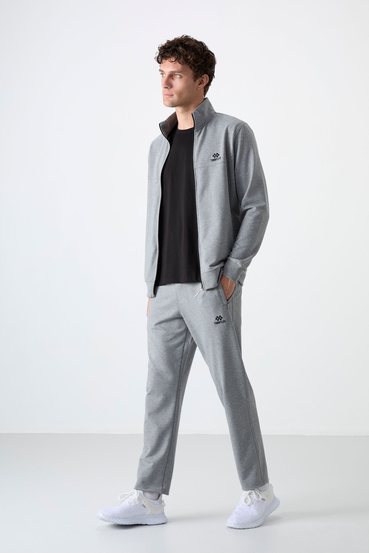 Grey Melange High Collar Zippered Comfort Fit Classic Cuff Men's Tracksuit Set - 85072