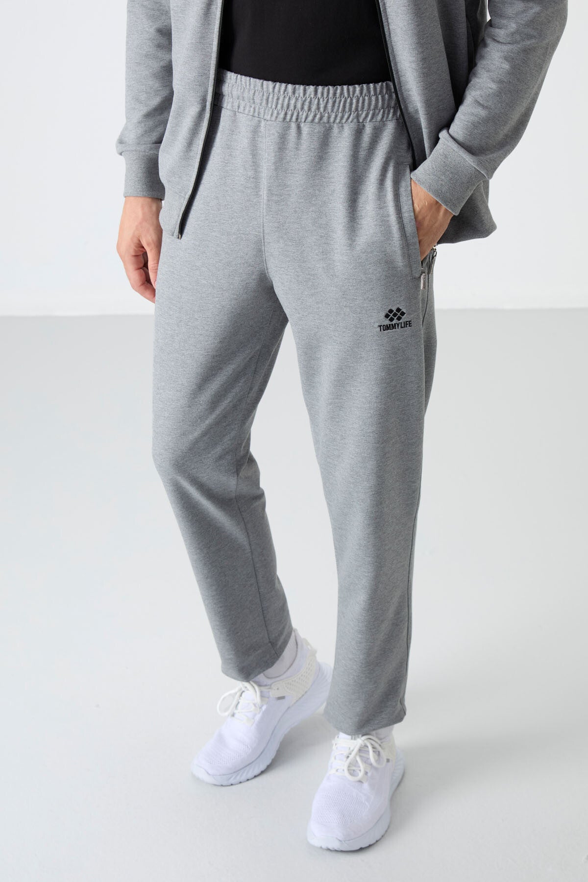 Grey Melange High Collar Zippered Comfort Fit Classic Cuff Men's Tracksuit Set - 85072
