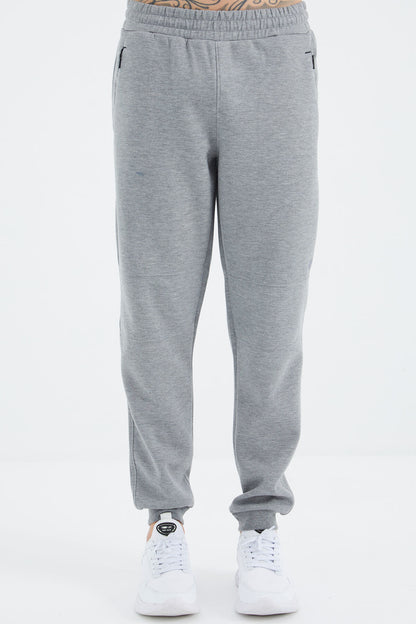 Grey Melange High Collar Hidden Pocket Detailed Relax Fit Men's Tracksuit Set - 85220