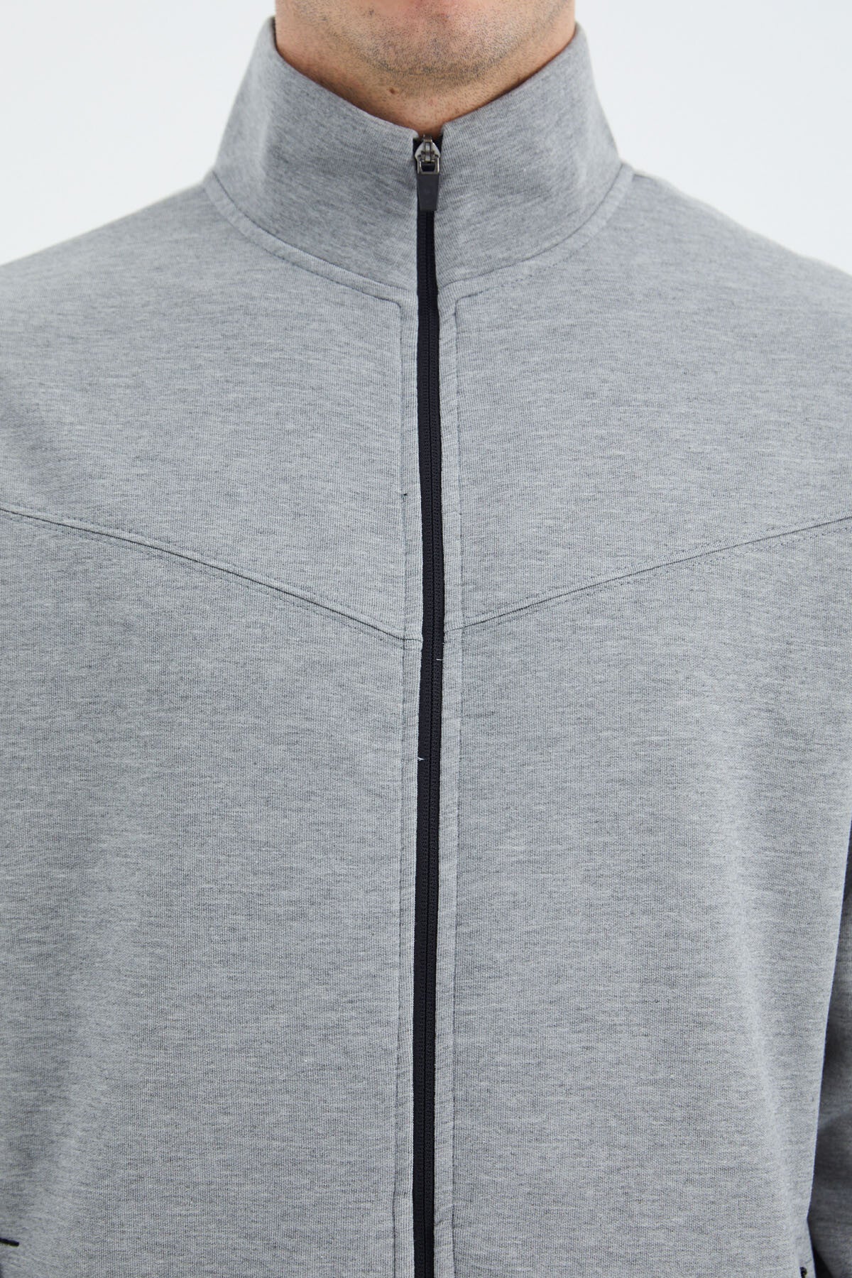 Grey Melange High Collar Hidden Pocket Detailed Relax Fit Men's Tracksuit Set - 85220