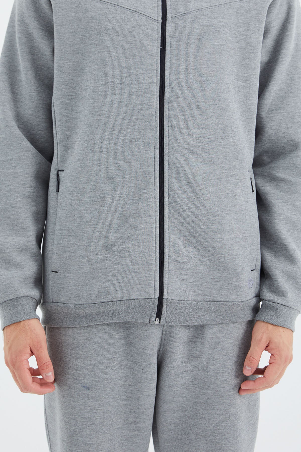 Grey Melange High Collar Hidden Pocket Detailed Relax Fit Men's Tracksuit Set - 85220