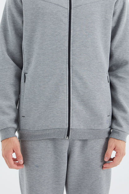 Grey Melange High Collar Hidden Pocket Detailed Relax Fit Men's Tracksuit Set - 85220
