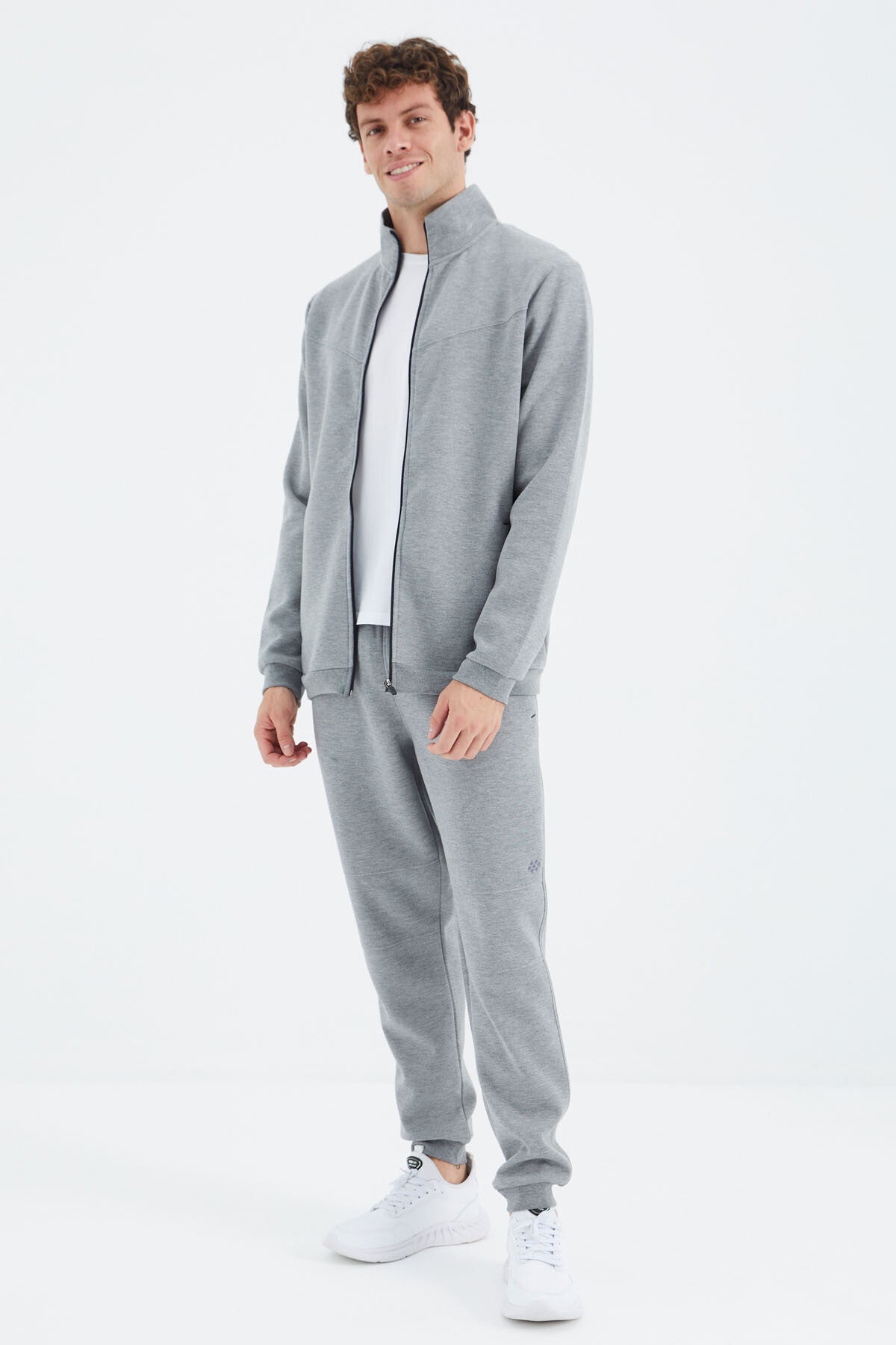 Grey Melange High Collar Hidden Pocket Detailed Relax Fit Men's Tracksuit Set - 85220