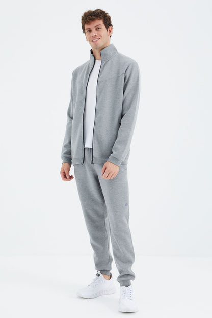 Grey Melange High Collar Hidden Pocket Detailed Relax Fit Men's Tracksuit Set - 85220