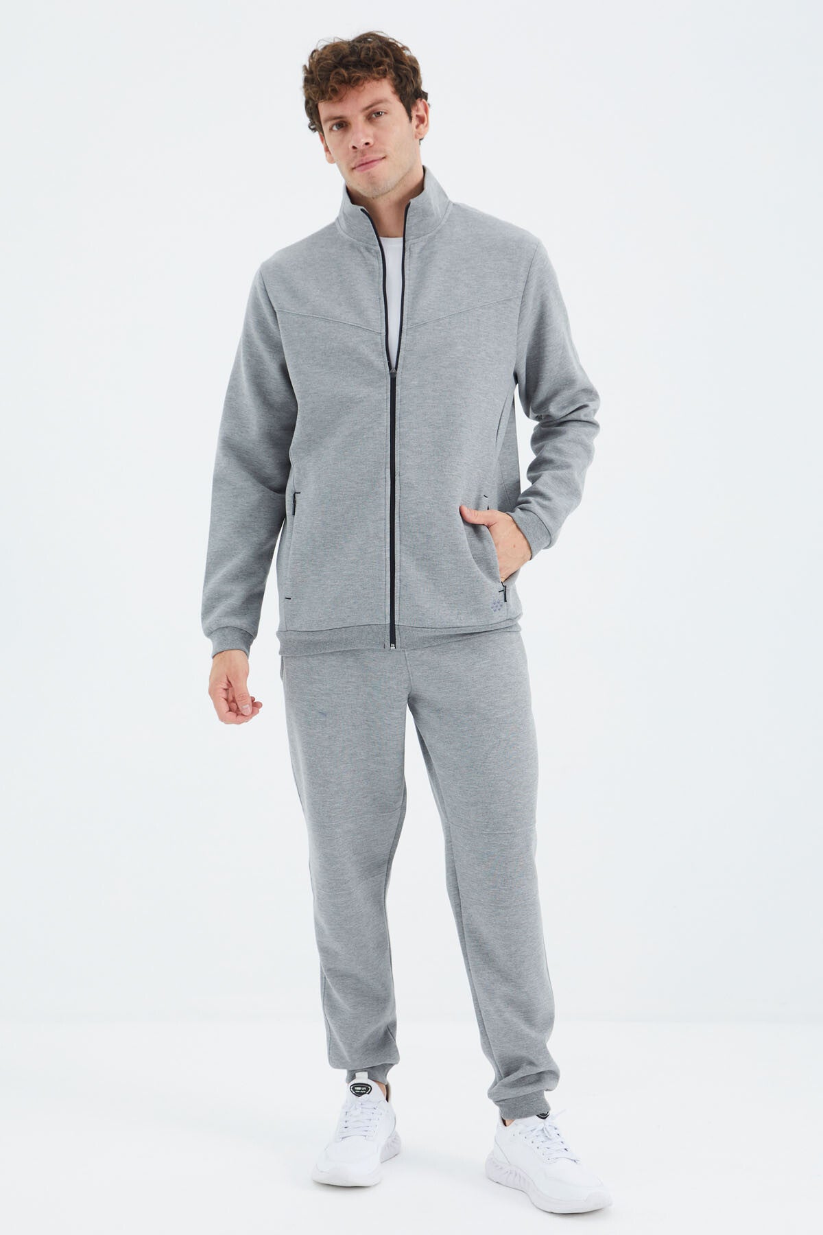 Grey Melange High Collar Hidden Pocket Detailed Relax Fit Men's Tracksuit Set - 85220