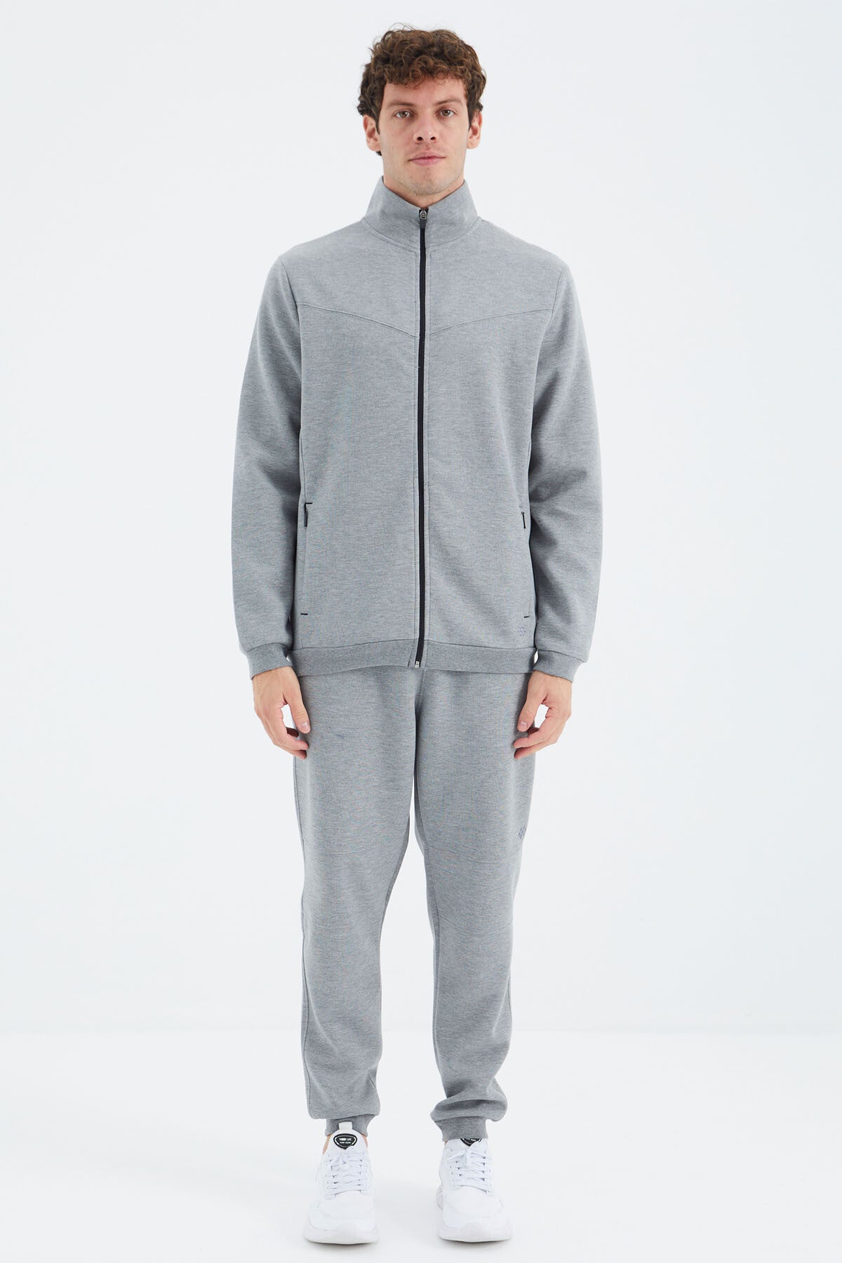 Grey Melange High Collar Hidden Pocket Detailed Relax Fit Men's Tracksuit Set - 85220