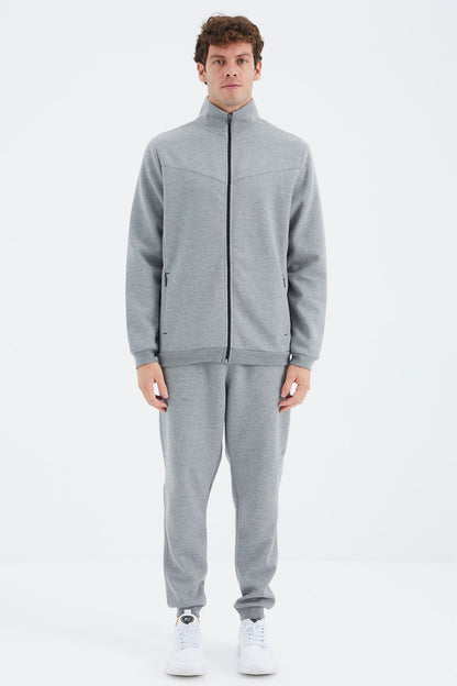 Grey Melange High Collar Hidden Pocket Detailed Relax Fit Men's Tracksuit Set - 85220