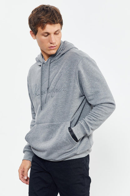 Gray Melange Embroidered Hooded Comfort Fit Men's Sweatshirt - 88007