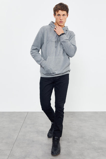 Gray Melange Embroidered Hooded Comfort Fit Men's Sweatshirt - 88007