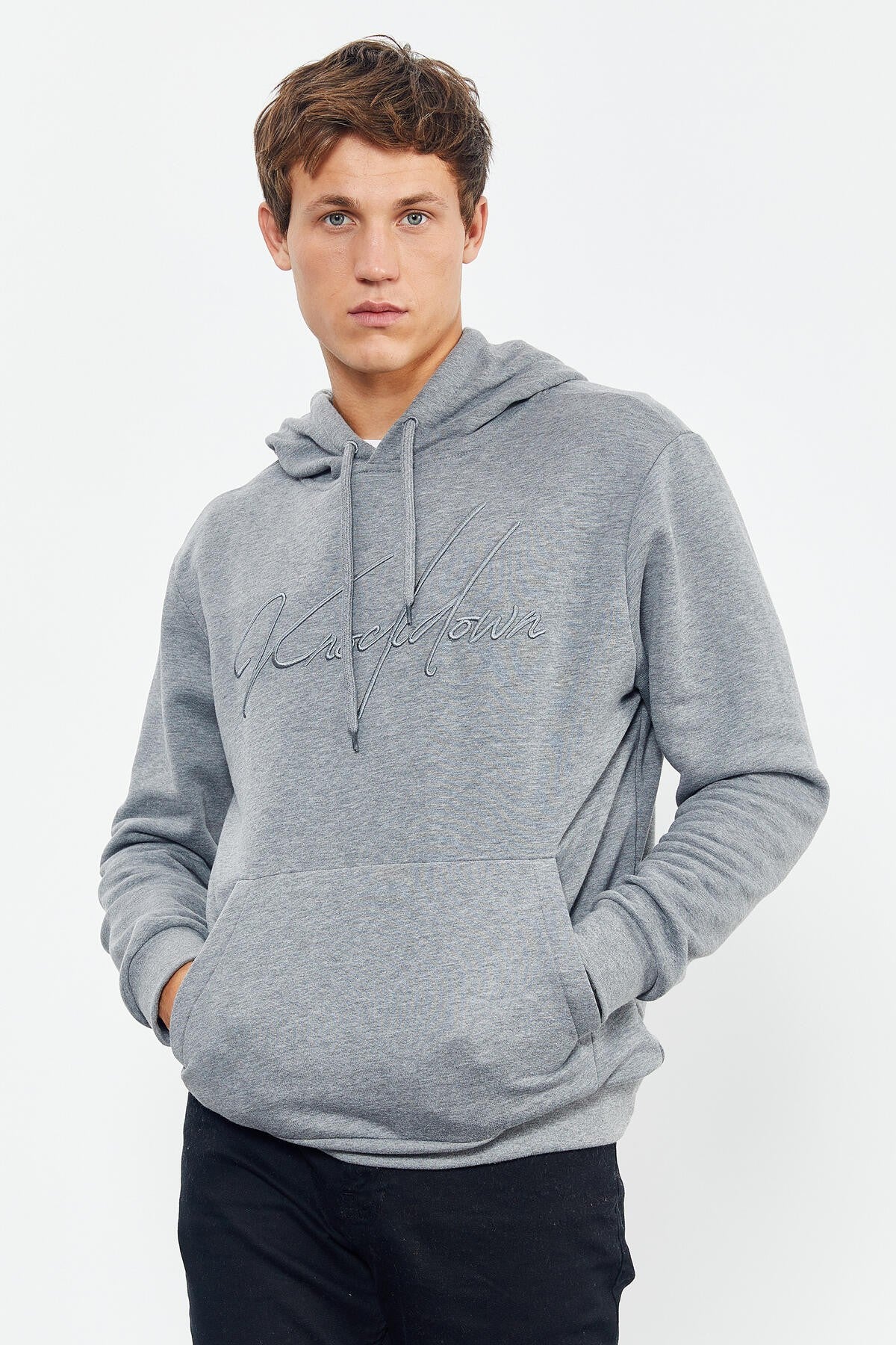 Gray Melange Embroidered Hooded Comfort Fit Men's Sweatshirt - 88007