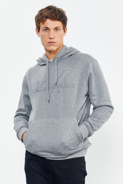 Gray Melange Embroidered Hooded Comfort Fit Men's Sweatshirt - 88007