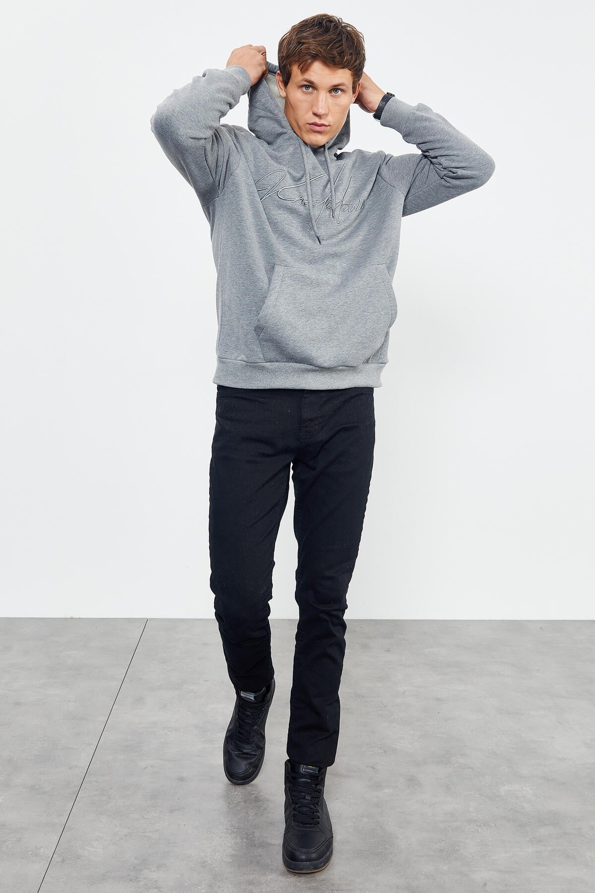 Gray Melange Embroidered Hooded Comfort Fit Men's Sweatshirt - 88007